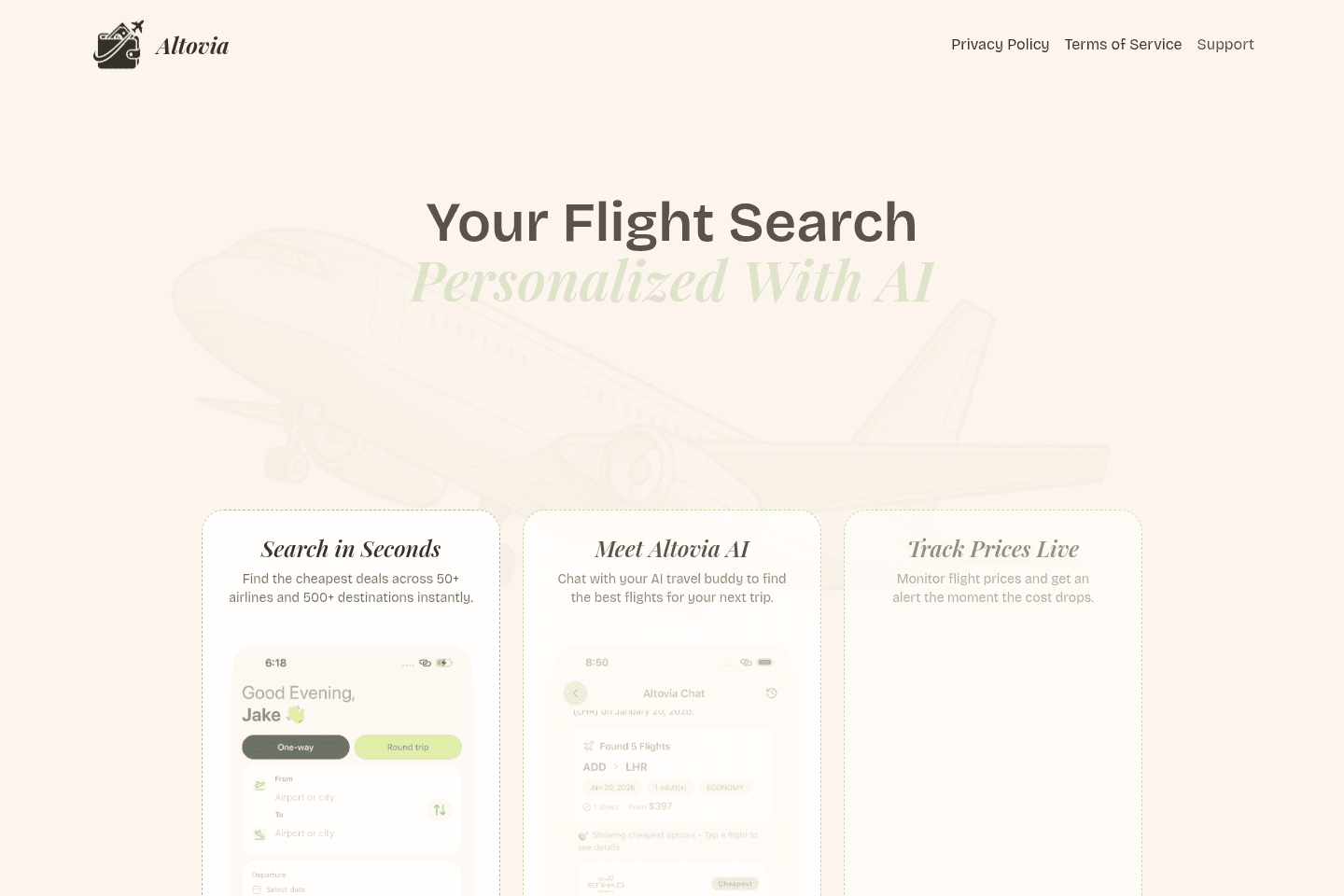 Altovia homepage showing its personalized AI flight search experience