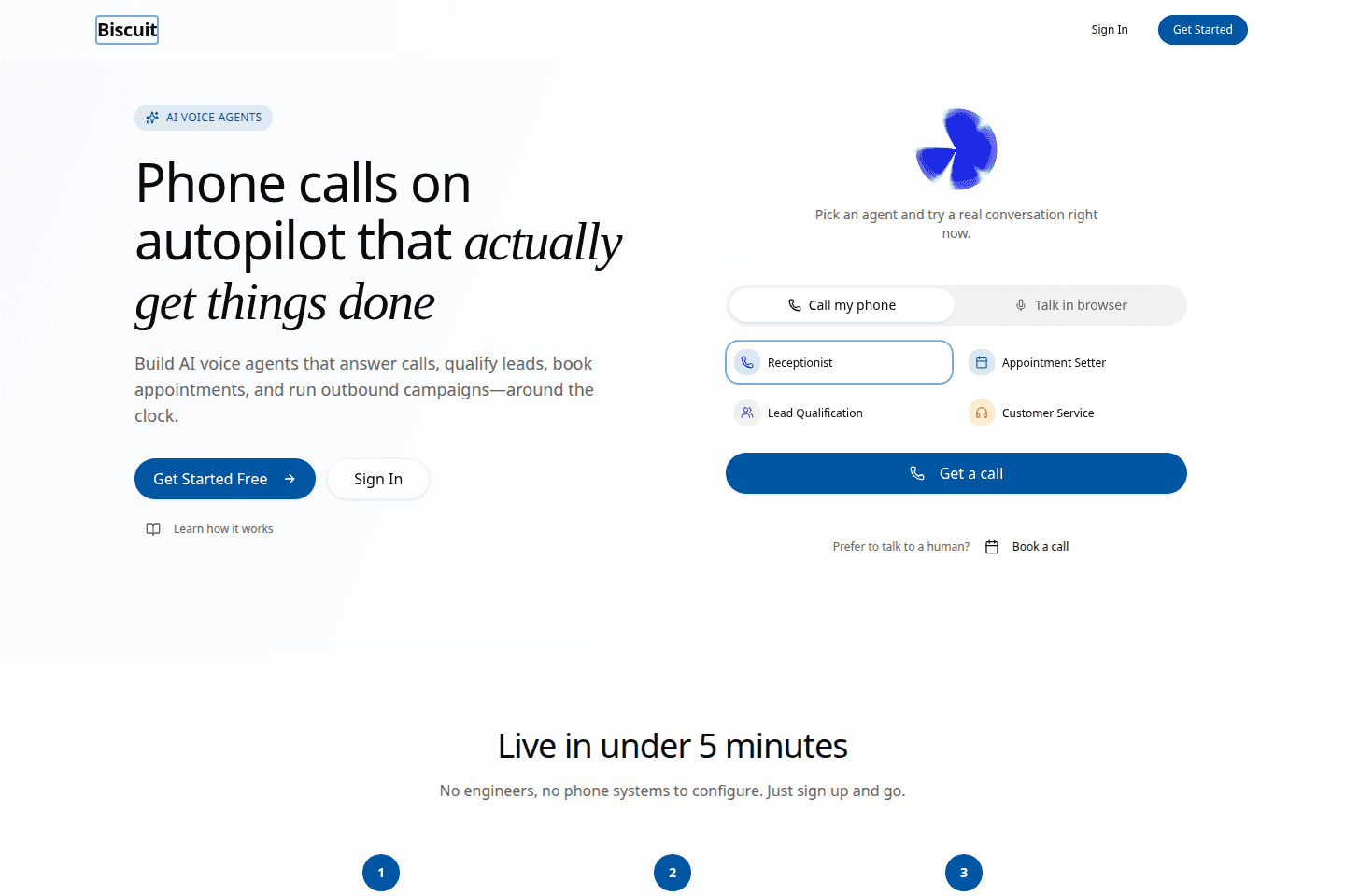 Biscuit Voice homepage showing its AI voice agent builder and live call demo