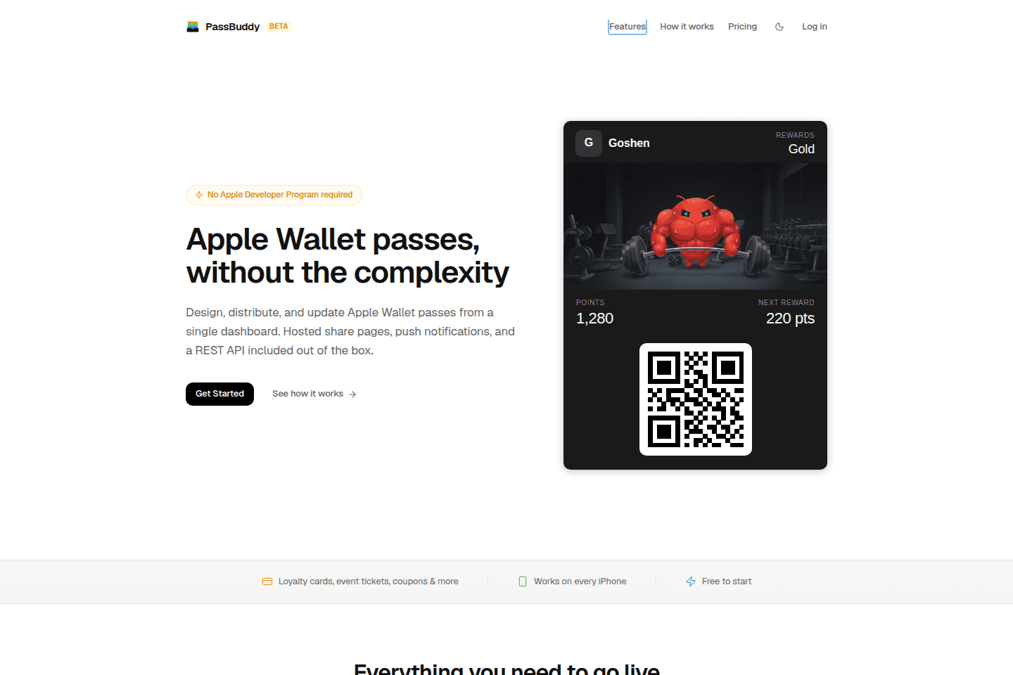 PassBuddy homepage showing a loyalty pass, QR code, and visual pass product