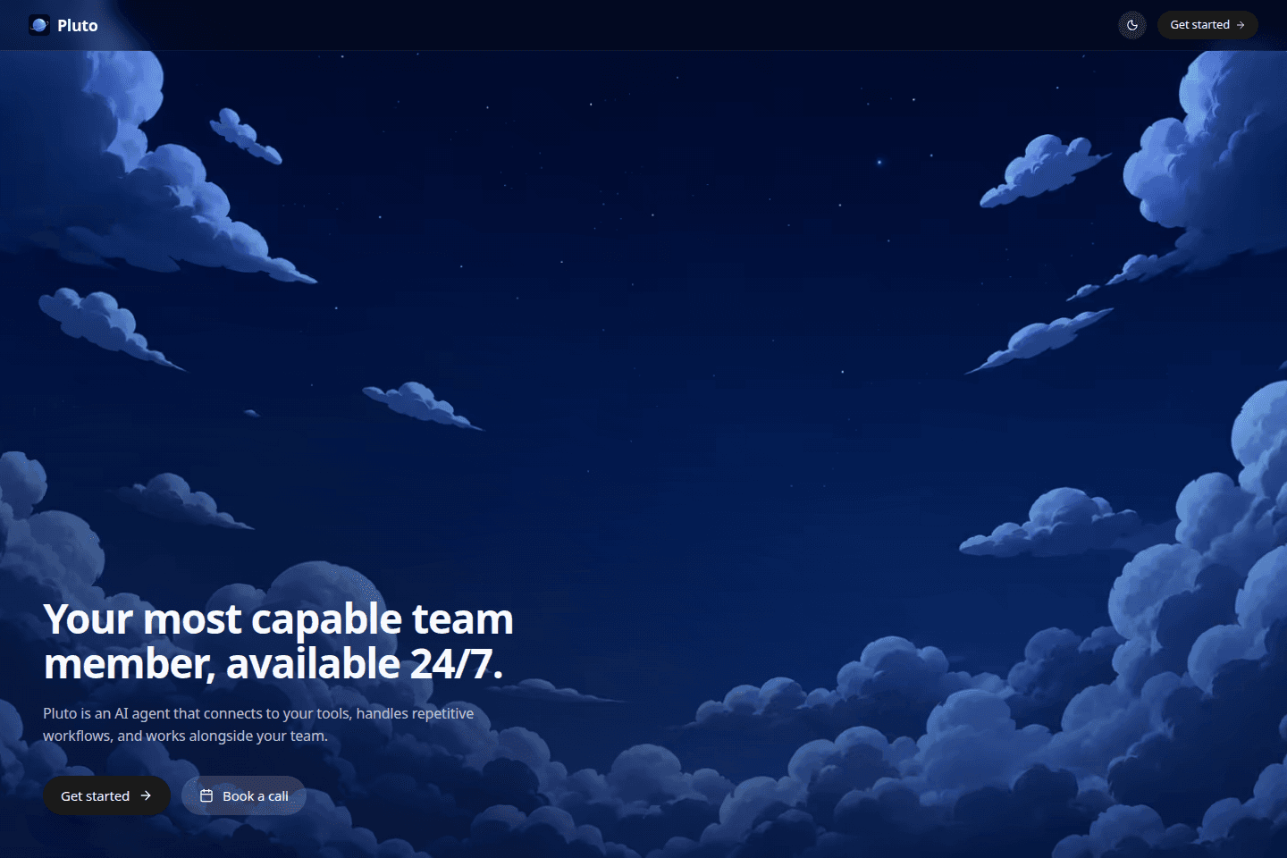 Pluto homepage with an illustrated night sky and AI agent product message
