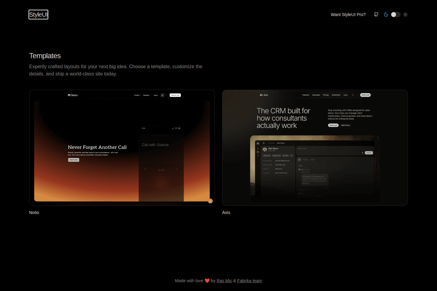 StyleUI template gallery showing the Notio and Axis product templates